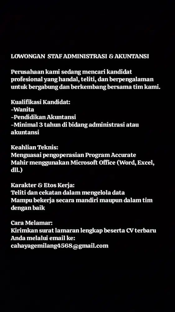 Lowongan Kerja Administrasi Akunting(Kalideres)