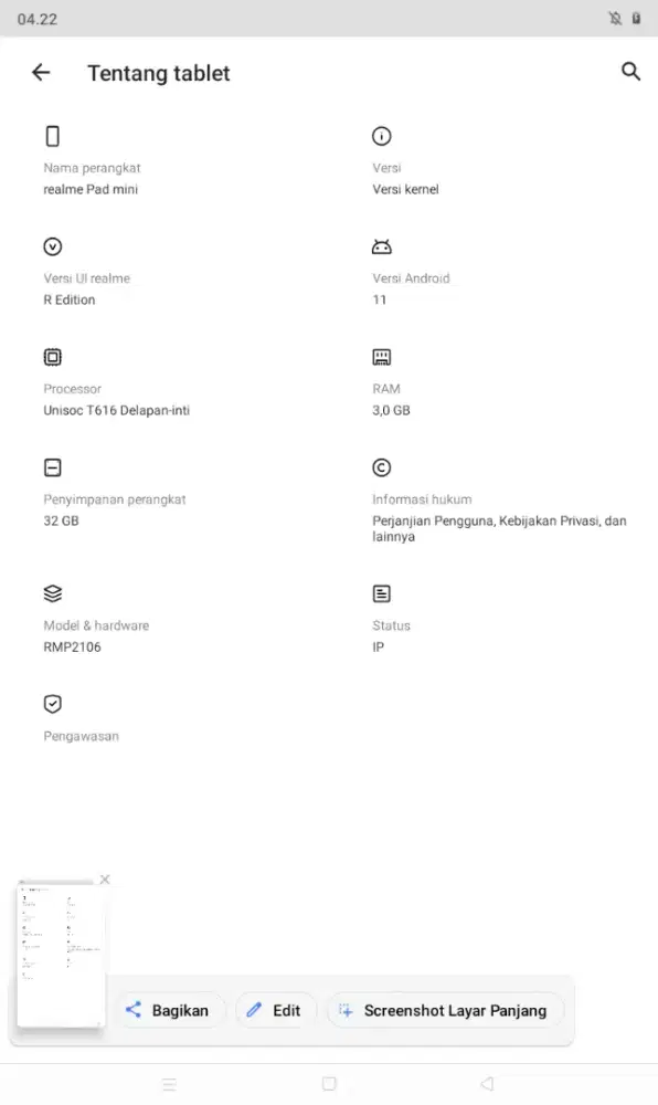 Realme pad mini wifi only. Ram 3 32.