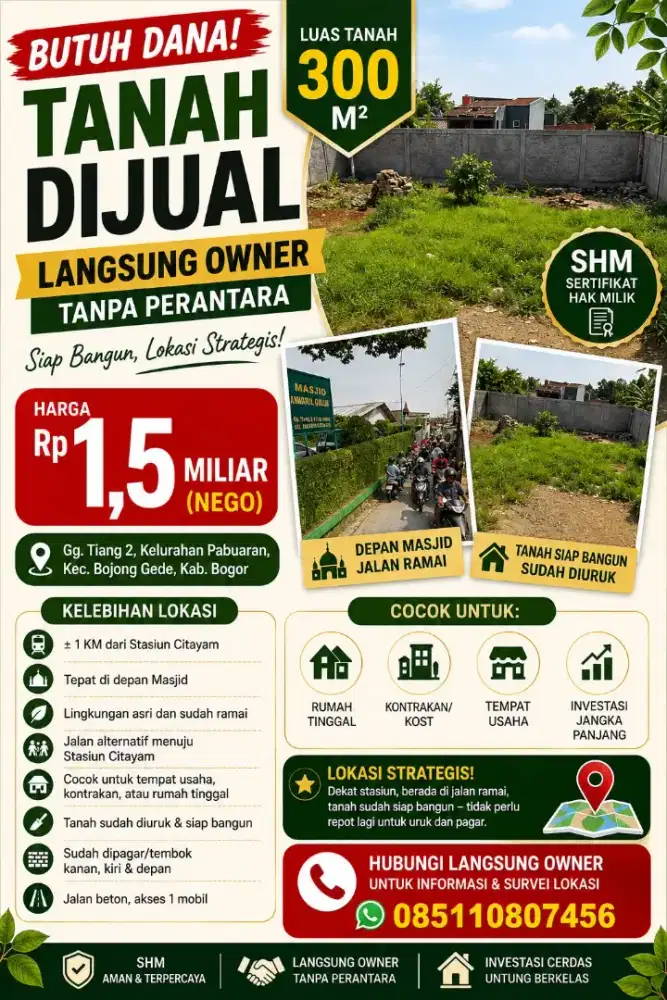 Dijual tanah 300m² pabuaran dekat stasiun citayam bisa masuk mobil