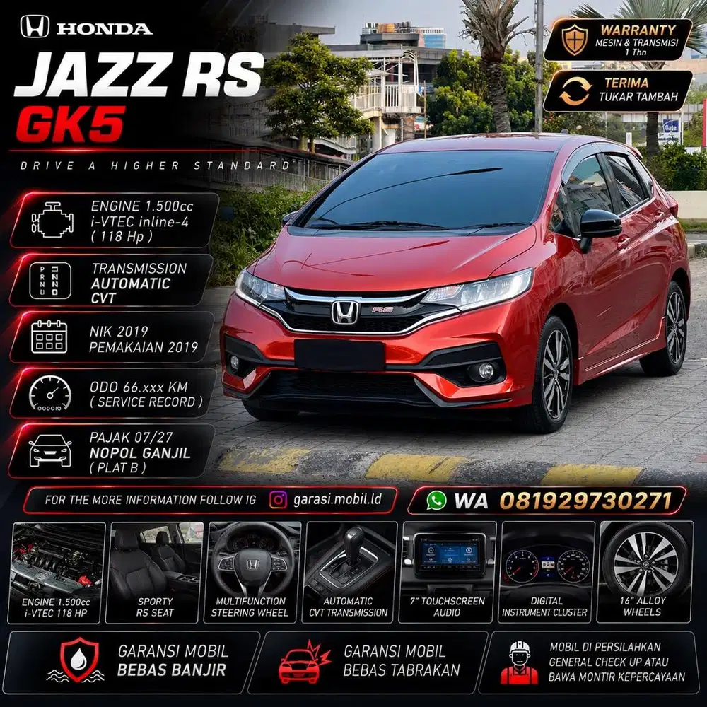 Honda Jazz RS 1.5 AT GK5 2019 / Odo 66rbu Kilometer