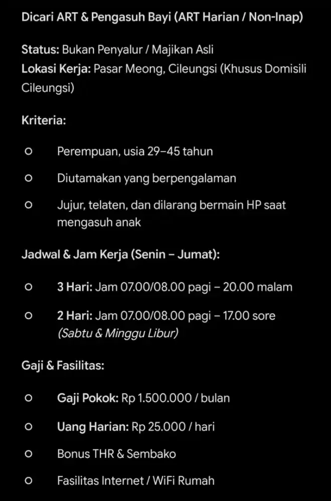 Dicari Pengasuh Bayi dan bisa Bantu Beberee (ART Harian / Non-lnap)
