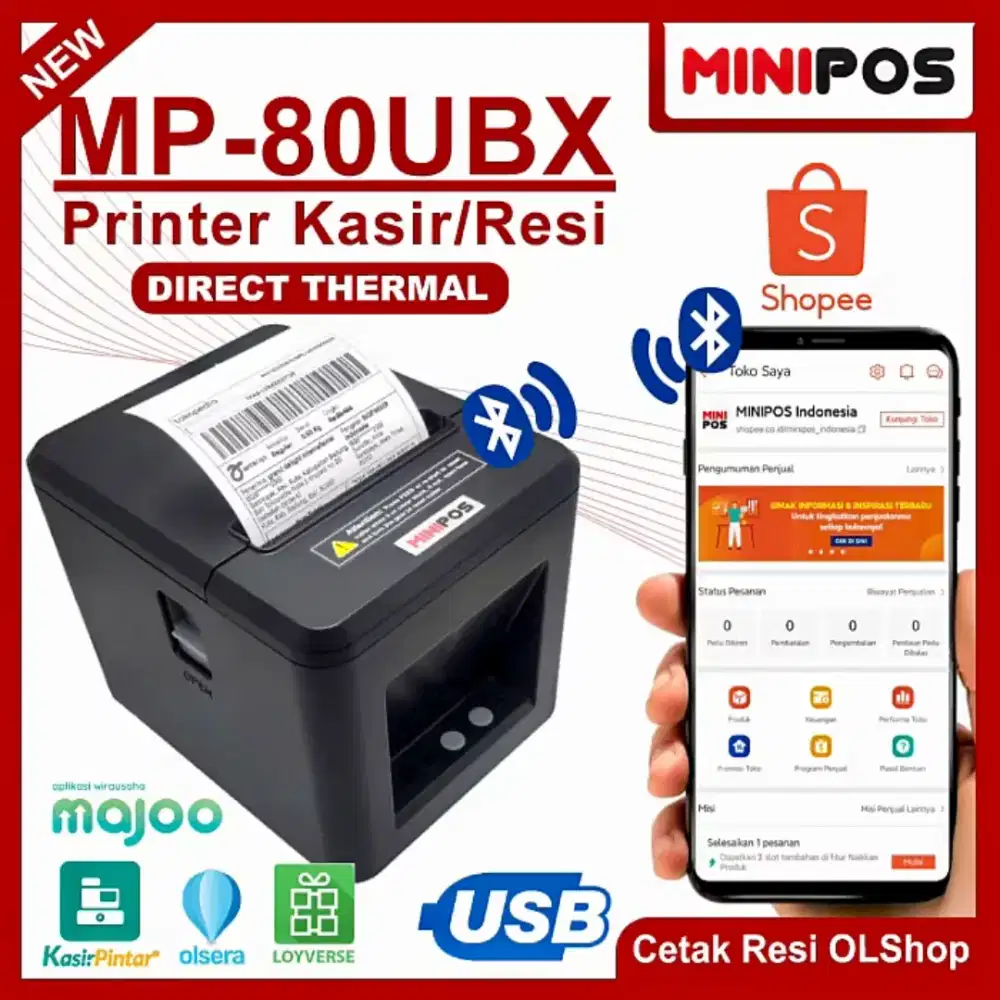 MINIPOS MP-80UBX Printer Thermal 80mm Bluetooth Kabel USB Auto Cutter