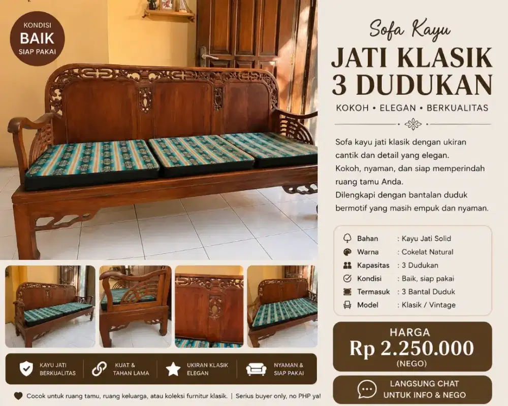 Sofa Kayu Jati Klasik 3 Dudukan Ukiran Jepara – Kondisi Baik