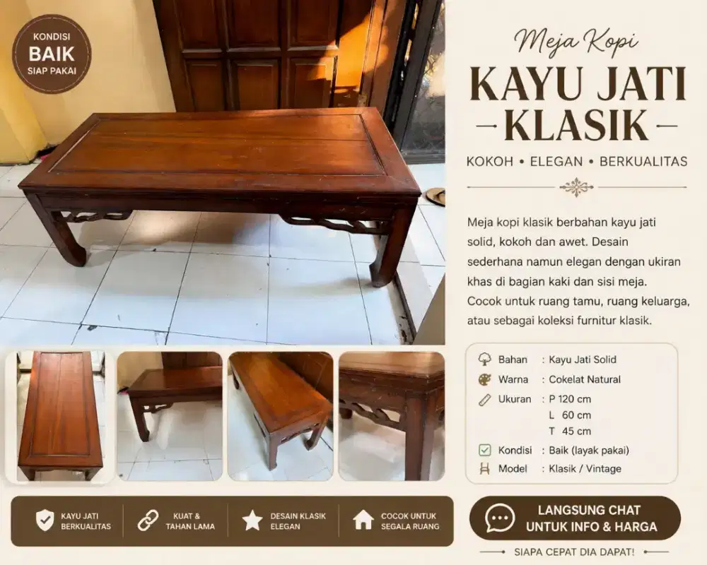 Meja Kopi Kayu Jati Klasik/Vintage – Ukiran Cantik, Kokoh