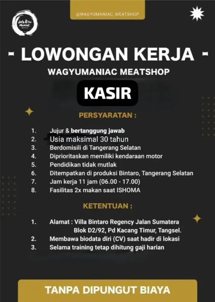 DIBUTUHKAN SEGERA KASIR TOKO dan CREW PRODUKSI