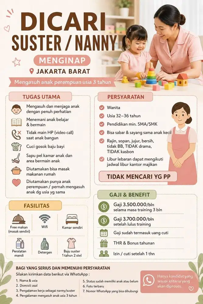 LOWONGAN KERJA - DICARI SUSTER/ NANNY