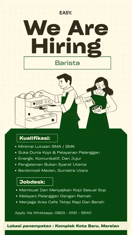 Dicari barista cafe (Marelan -Titipapan), non pengalaman boleh.
