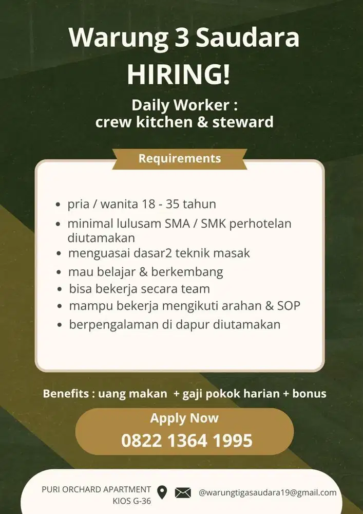 LOWONGAN KERJA – DAILY WORKER (Kitchen Crew)