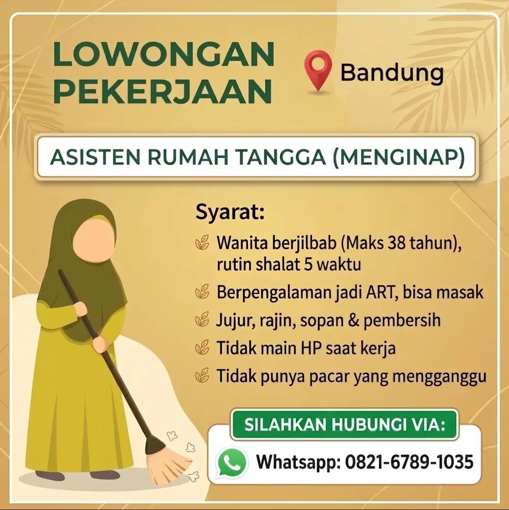 Lowongan Kerja Asisten Rumah Tangga (Menginap)