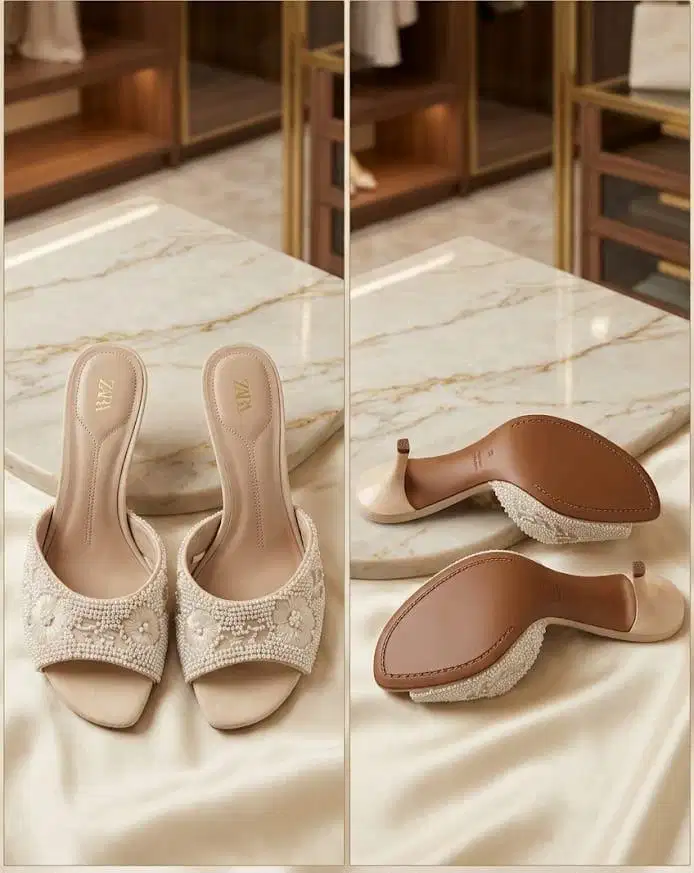 ZARA Heeled Mules Mutiara & Payet Floral - Mewah & Kondisi Like New