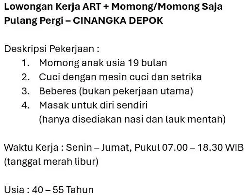 Lowongan Kerja ART + Momong / Momong Saja