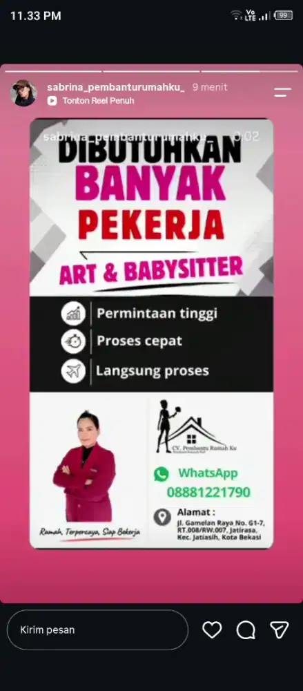 Dibutuhkan banyk pekerja
ART & BABYSISTER
RAMAH, TERPECAYA, SIAP KERJA