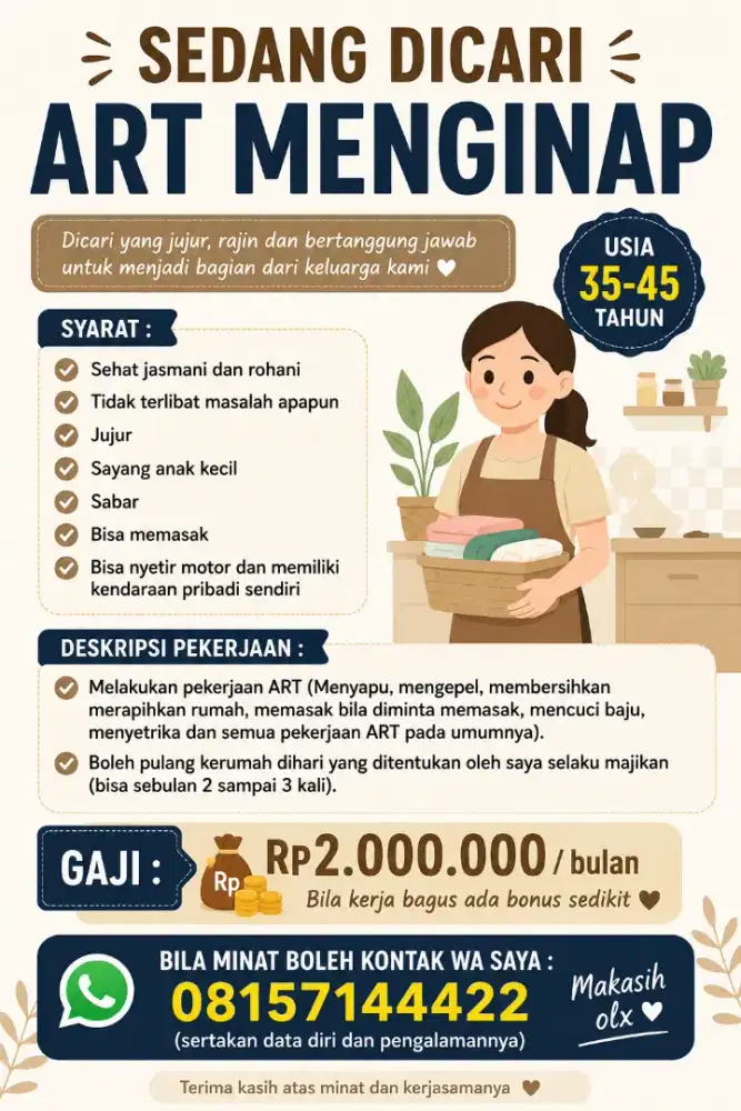 Dicari ART Menginap boleh pulang dengan kesepakatan