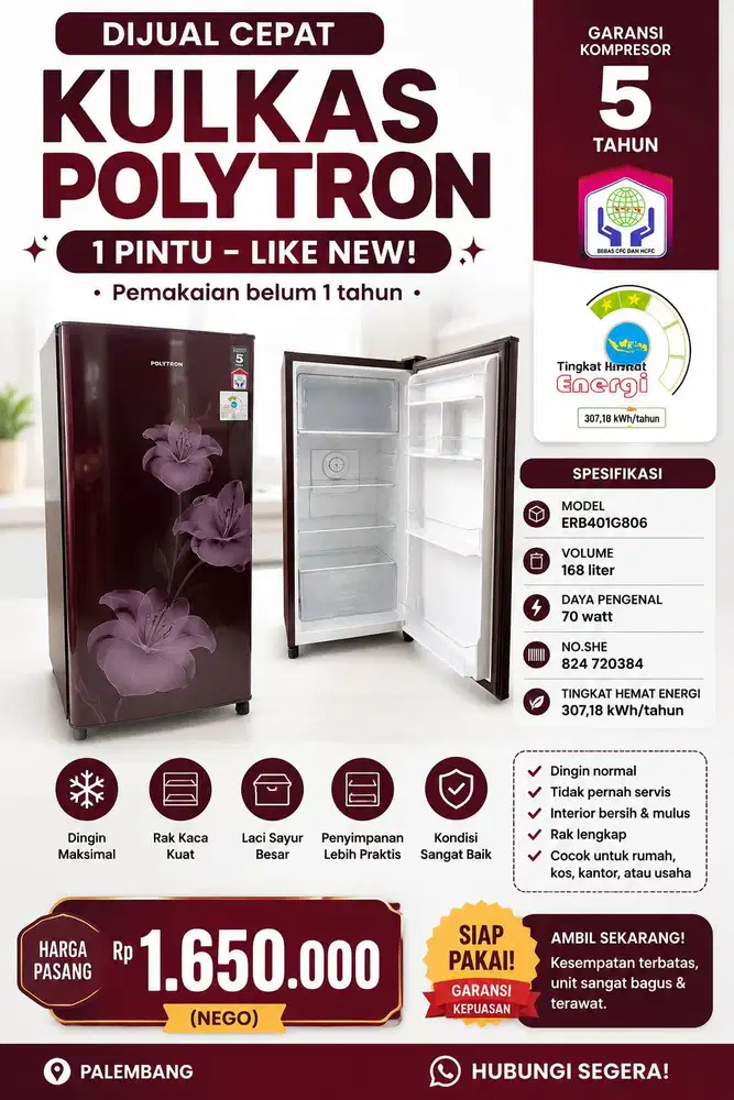KULKAS POLYTRON 1 PINTU – LIKE NEW
