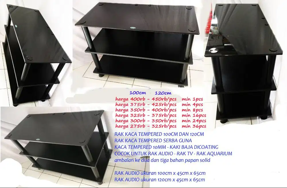 rak meja kaca stok banyak baru