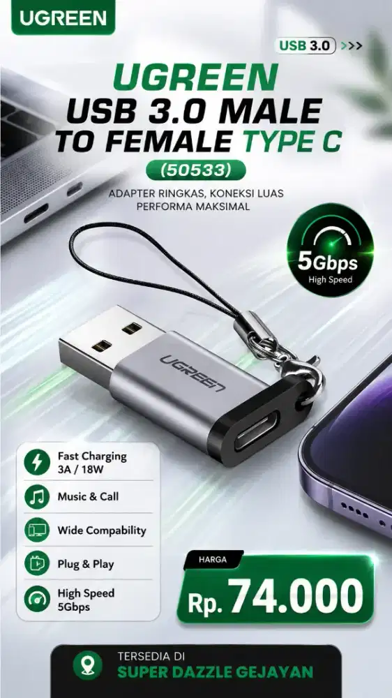 UGREEN USB 3.0 MALE TO TYPE C FEMALE (50533)