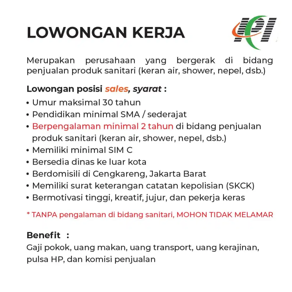 Lowongan Kerja Sales Lapangan / Loker Field Sales Produk Sanitari