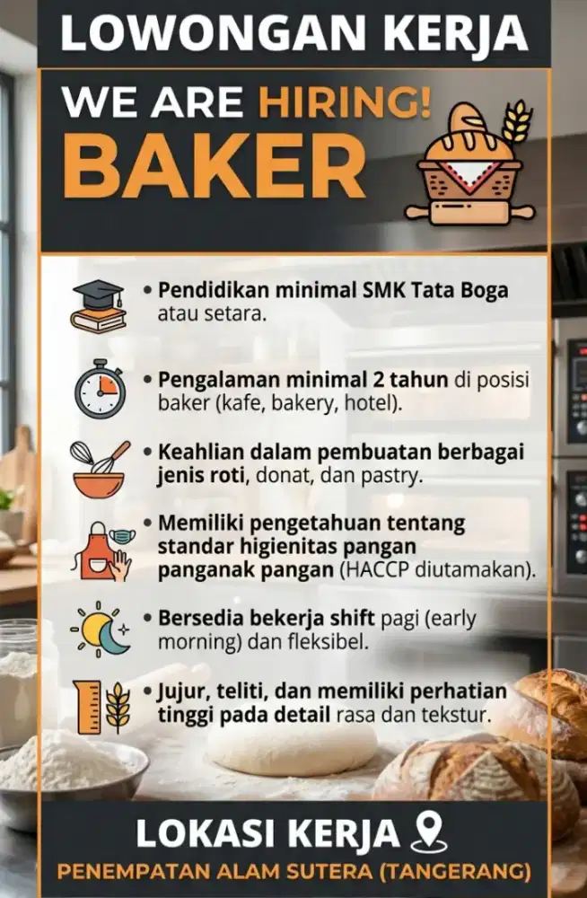 Lowongan pekerjaan baker. Penempatan alam sutera