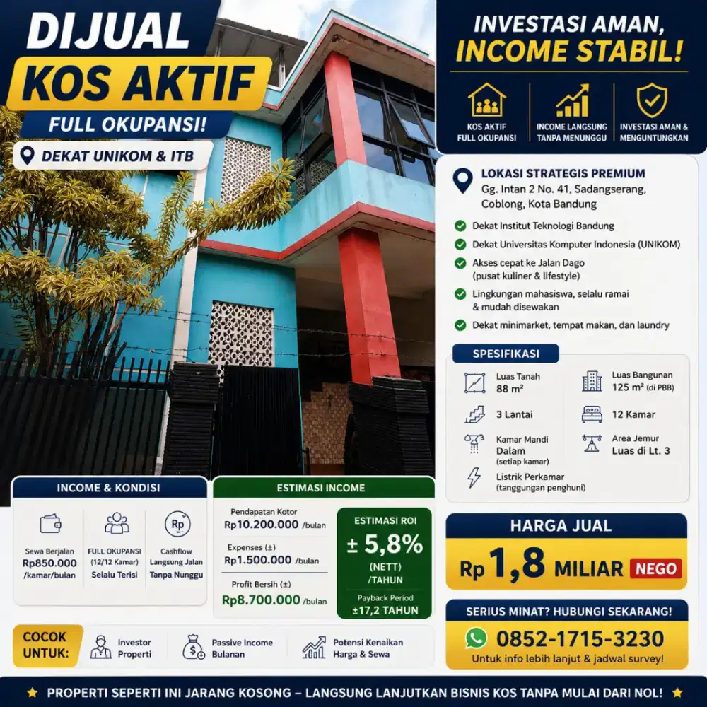 JUAL KOS AKTIF DEKAT UNIKOM ITB BANDUNG