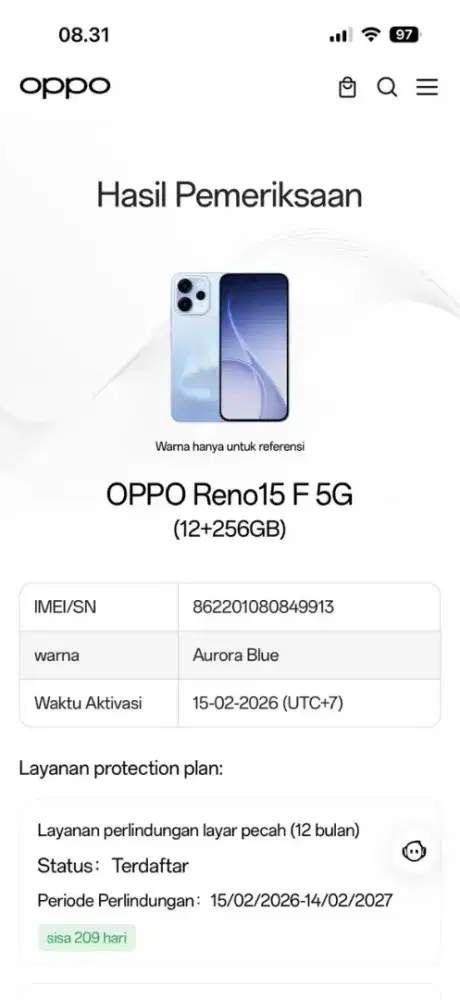 Jual HP Oppo Reno 15F 5G 12/256 garansi FEB 27 siap pakai
