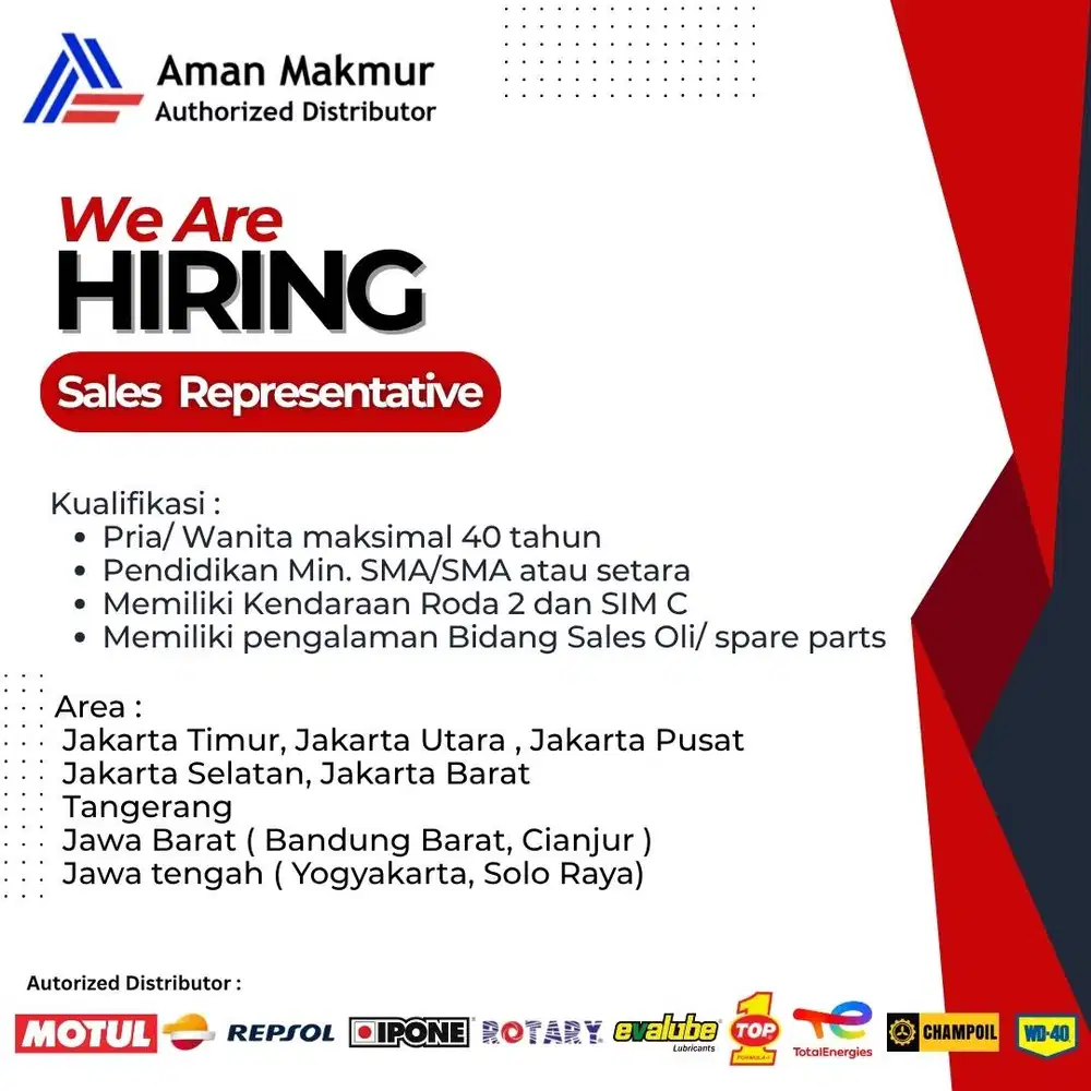 Lowongan Pekerjaan untuk Sales area Jakarta, Jawa Barat, Jawa Tengah
