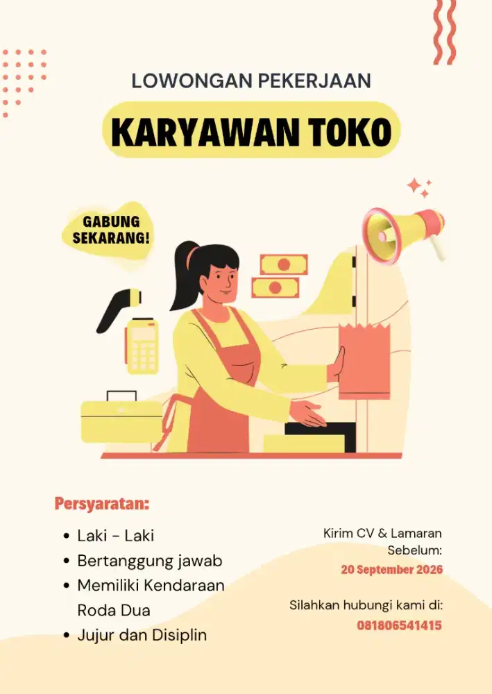 Di butuhkan karyawan jaga tenant katsu gerobakan