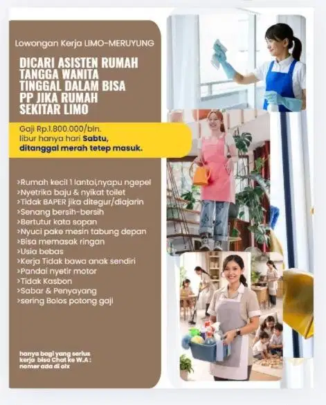 Loker ART diutamakan Tinggal Dalam namun jika dekat bisa PP