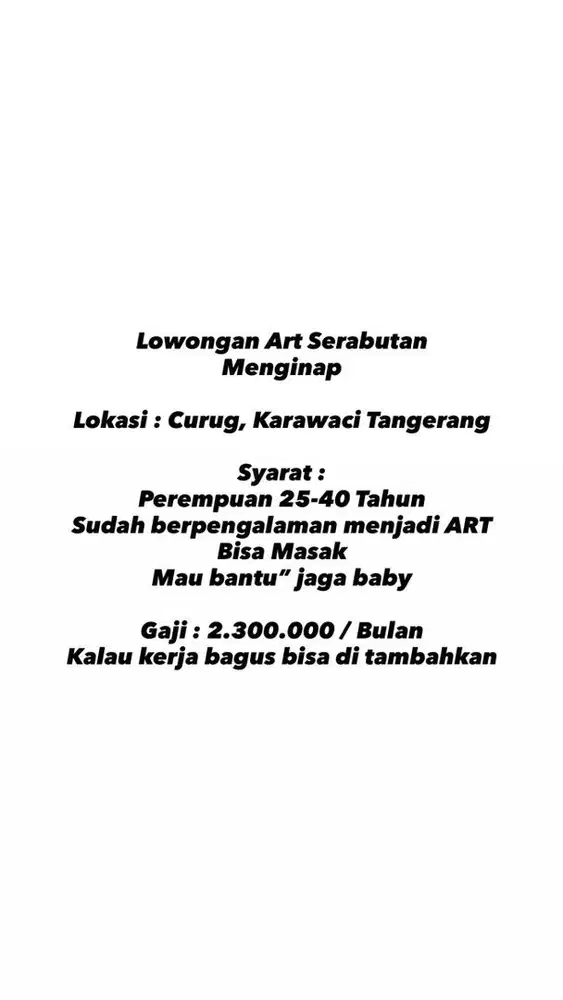 LOWONGAN KERJA ART SERABUTAN MENGINAP
