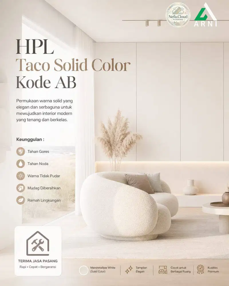 Laminate HPL Taco Solid Color Kode AB Marshmallow White | Pelapis