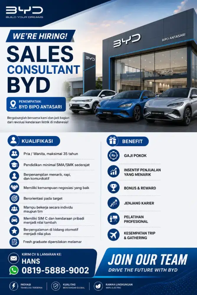 Lowongan Pekerjaan Sales Consultant BYD
