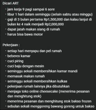 dicari ART untuk rumah 2 dewasa di cisauk