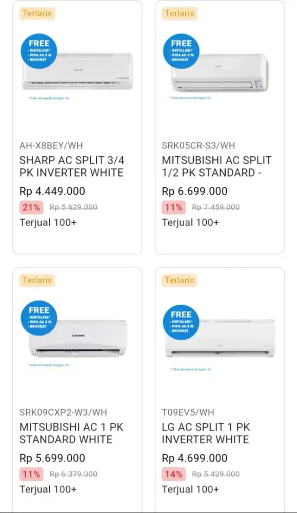 CICILAN AC ALL BRAND 1 PK 1/2 PK FREE INSTALASI