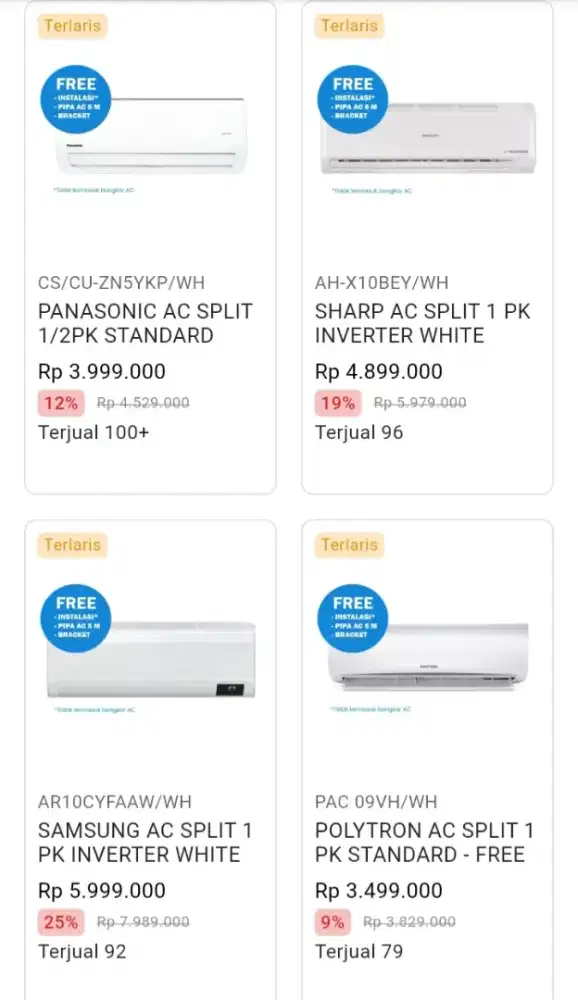 CICILAN AC SPLIT ALL BRAND 1PK 1/2PK FREE INSTALASI