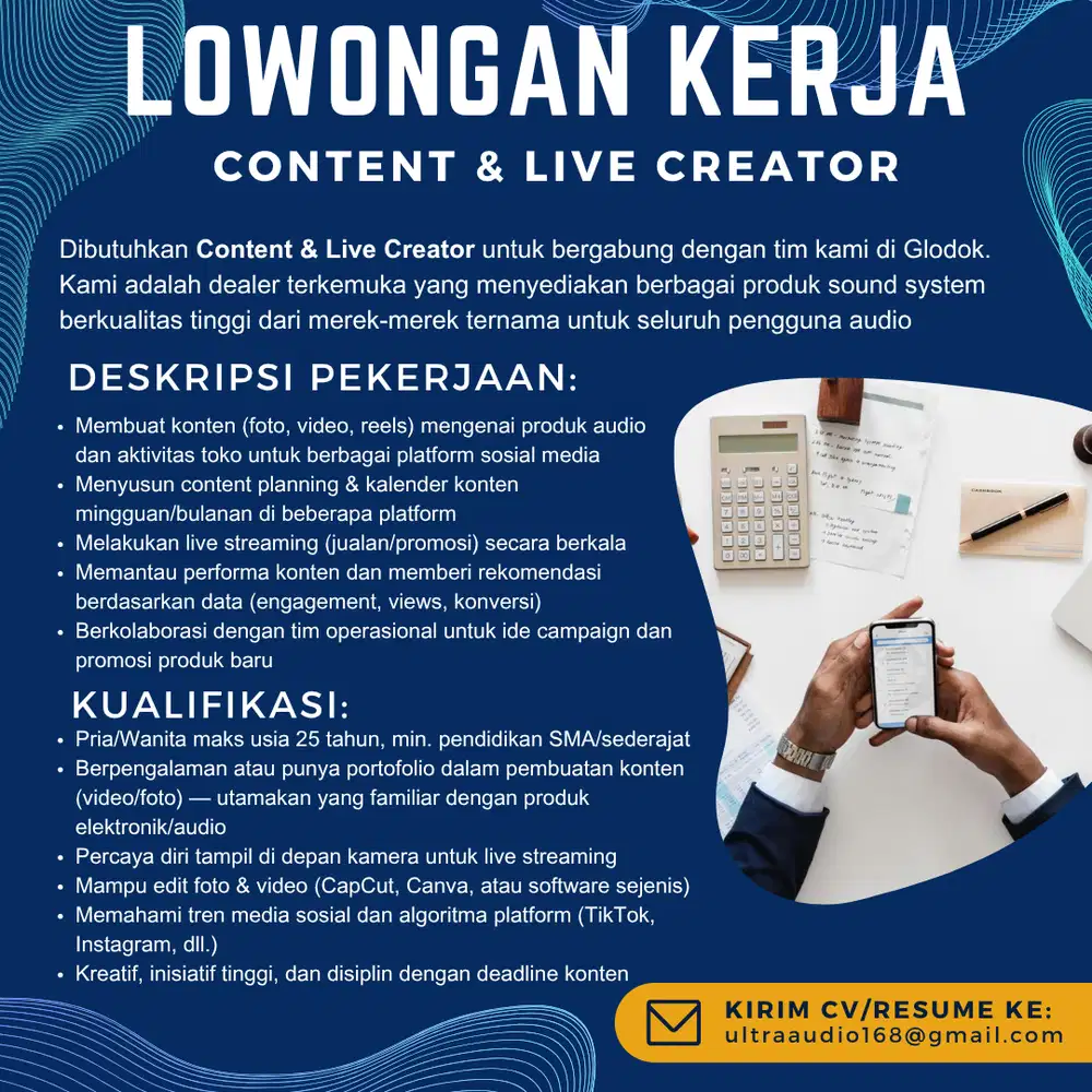 Loker Konten Kreator dan Live untuk Toko Audio Glodok