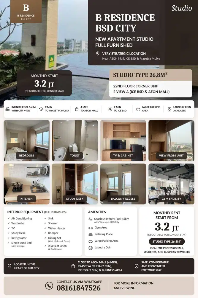 Studio Baru Full Furnished B Residence BSD 3,2jt/month—Lt 22 with View