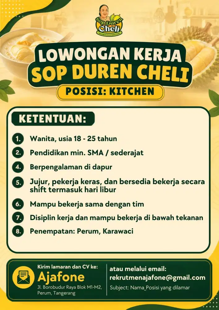 Buka Lowongan Staf Dapur Kitchen - Sop Duren Cheli Tangerang PAM