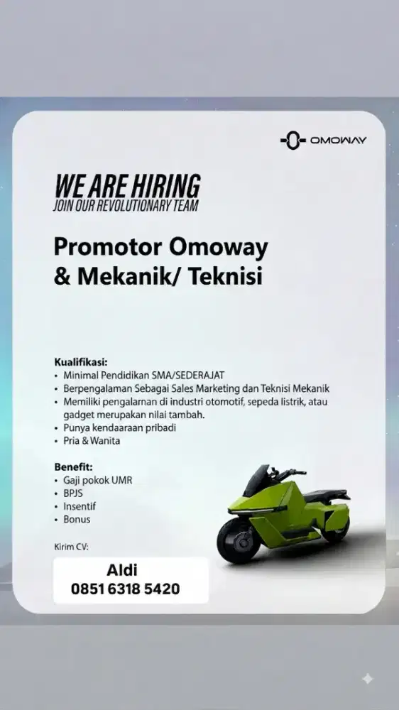 Lowongan Sales & mekanik/ Teknisi motor listrik Omoway