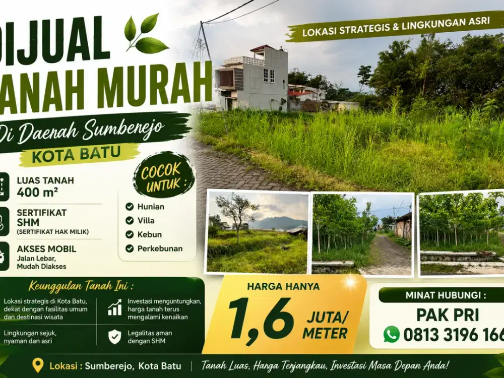 Tanah Super View & Sejuk di Sumberejo Kota Batu – SHM, Luas 400m² Harga Best Deal