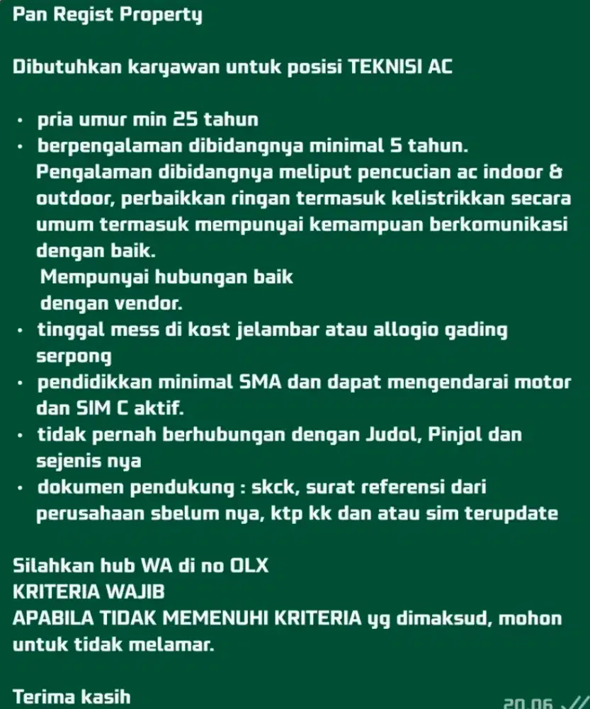 DIBUTUHKAN TEKNISI AC BERPENGALAMAN