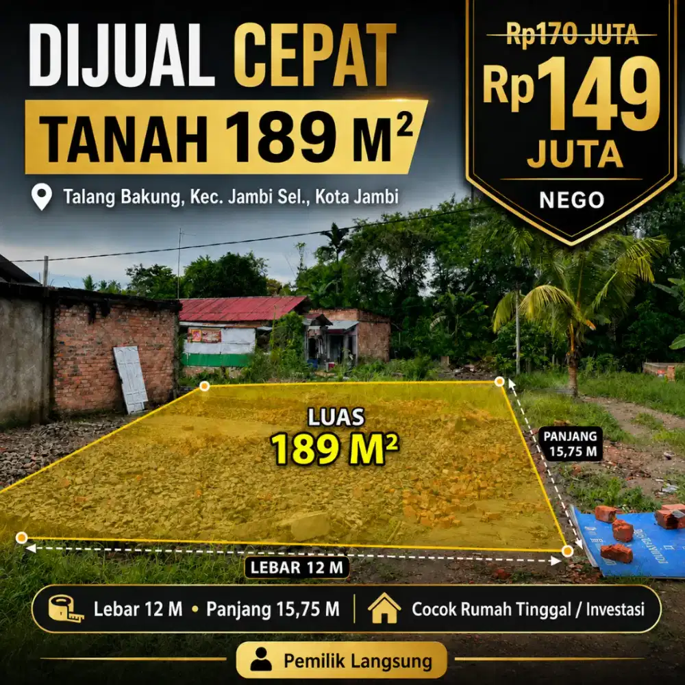 DIJUAL TANAH 189 M² LOKASI STRATEGIS PELITA RAYA JAMBI – DEKAT SEKOLAH