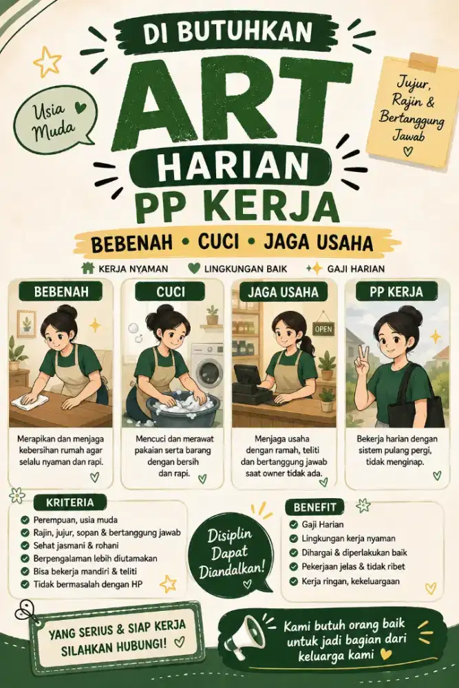 Di butuh kan segera art lamgsung owner bukan penyalur