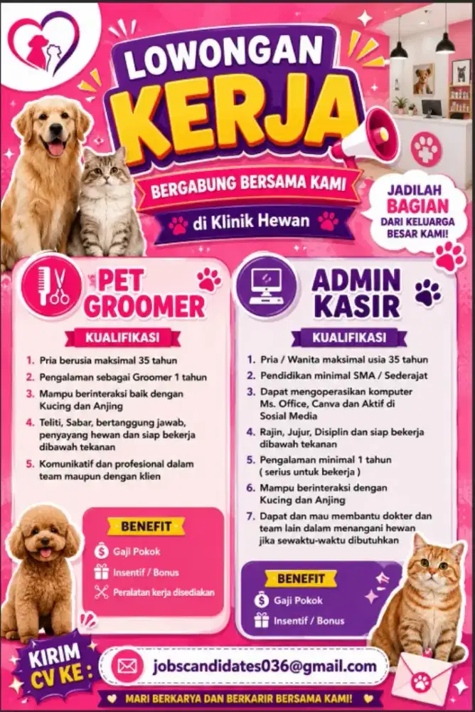 Lowongan kerja Groomer dan Admin Kasir Klinik Hewan
