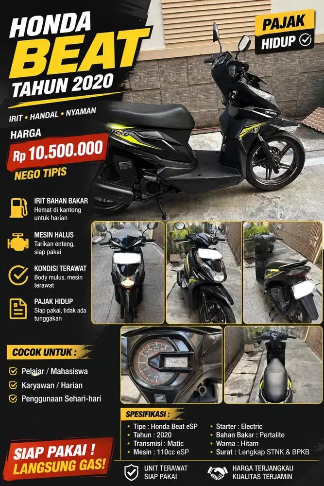 Honda Beat 2020 hitam masih grees pajak hidup