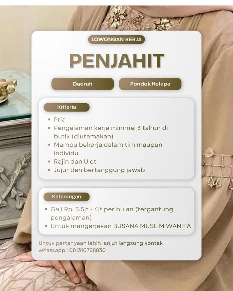 LOWONGAN KERJA PENJAHIT untuk didaerah  PONDOK KELAPA - JAKARTA TIMUR
