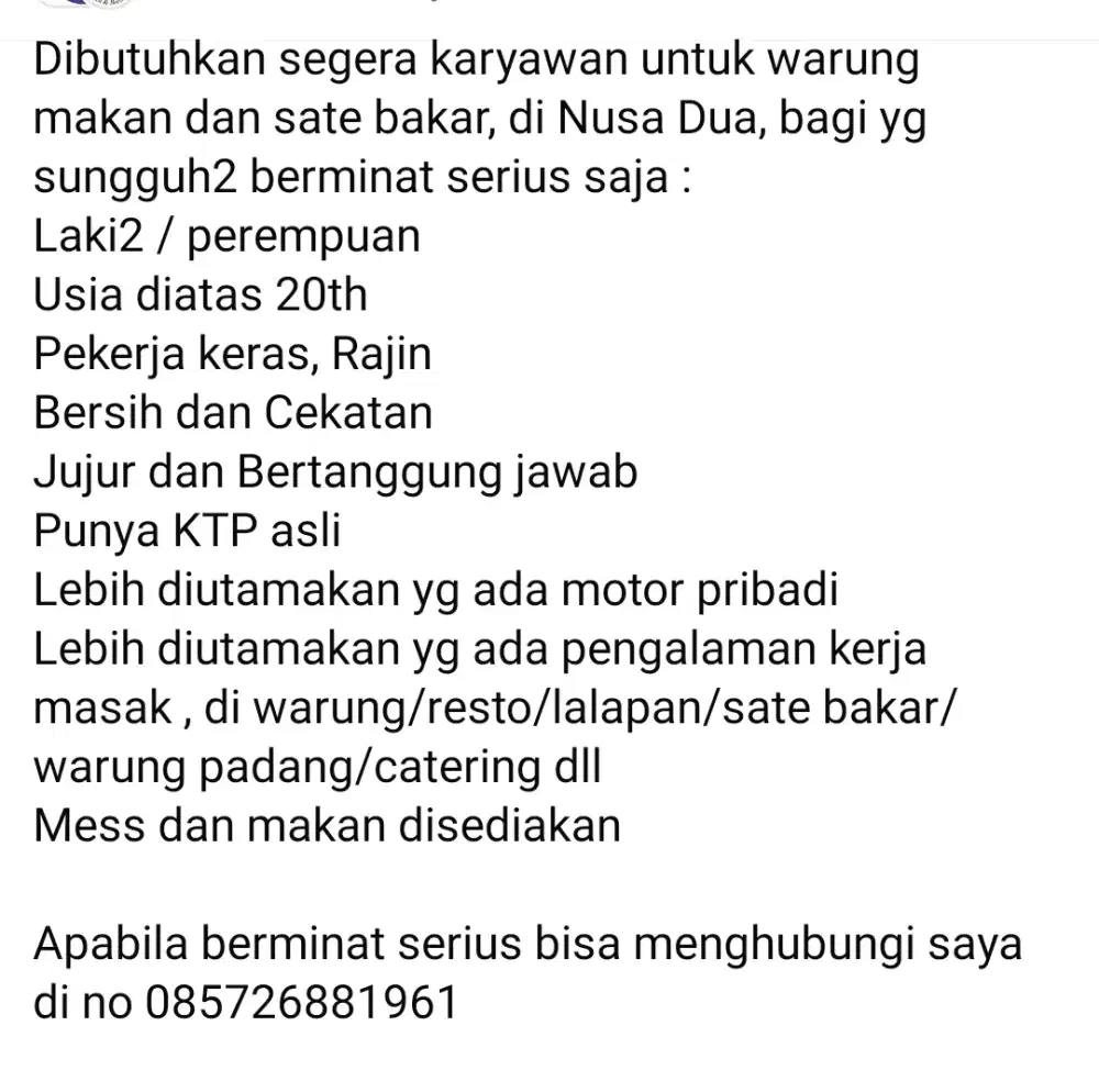 Lowongan pekerjaan untuk warung makan di Nusa Dua Jimbaran