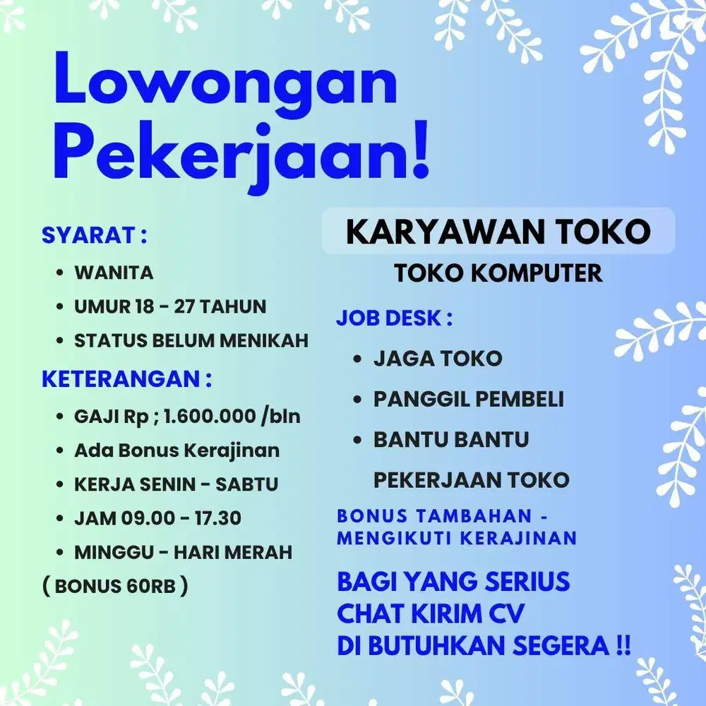 LOWONGAN KERJA MEDAN BARAT PEREMPUAN JAGA TOKO