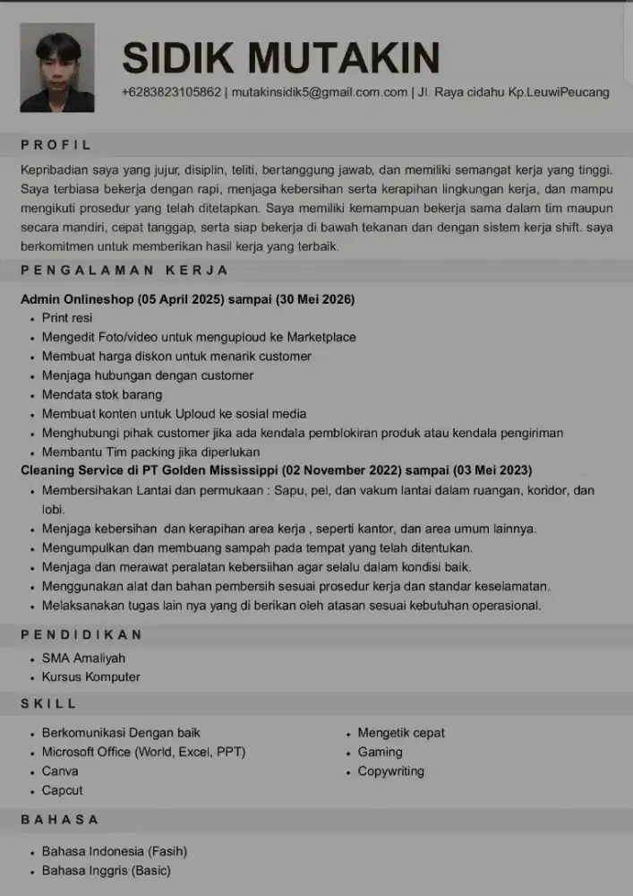 cari kerjaan admin atau apa saja siap kerja