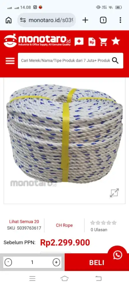 CH Rope Rope Monofilament PP (Tali Tambang) Putih Strip Biru.