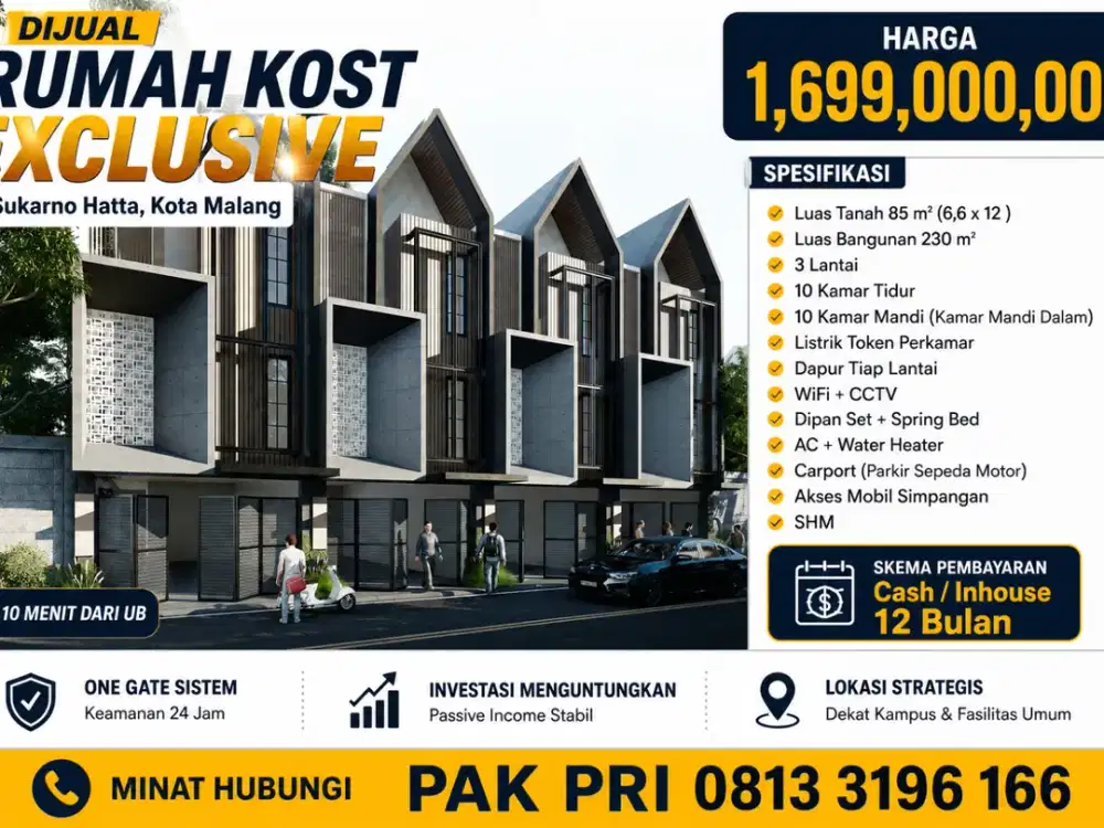Rumah Kost Eksklusif 10 Kamar Mandi Dalam Dekat UB Malang - Passive Income 1,699 M