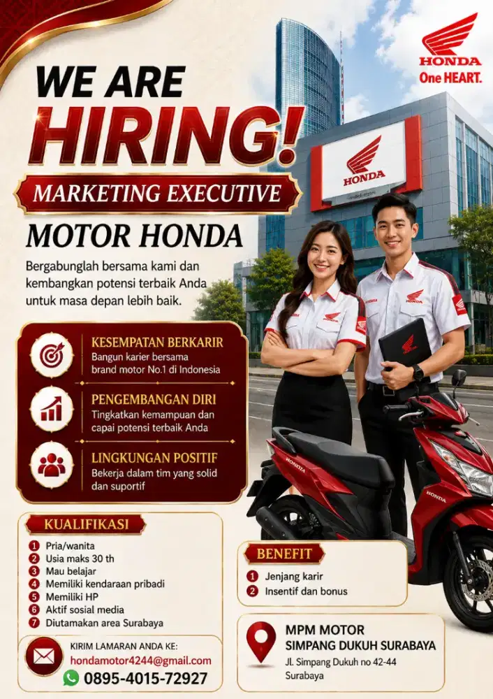 WE ARE HIRING! – MARKETING EXECUTIVE MOTOR HONDA